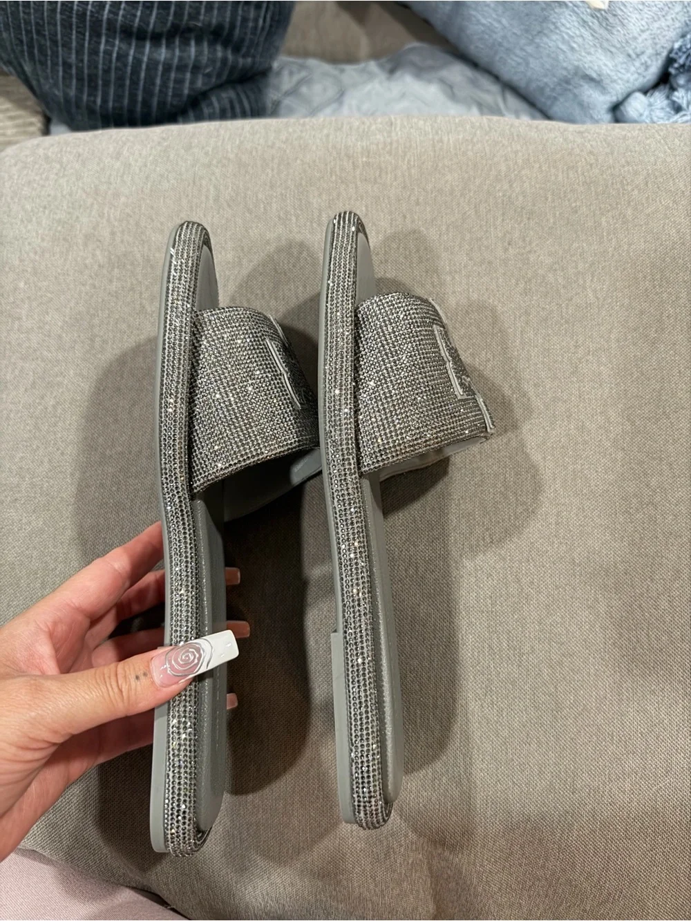 Tory Burch Metallic Silver Logo Slide Sandals